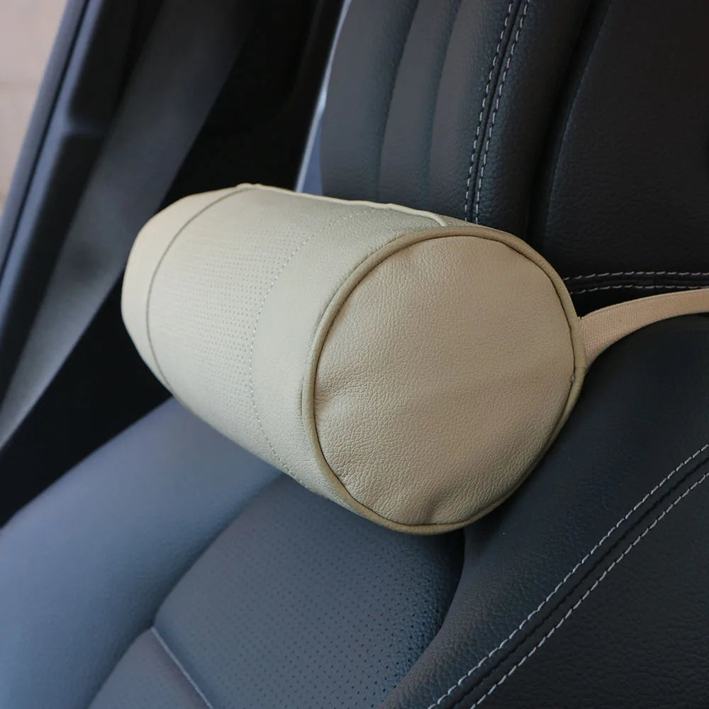 Memory Foam Car Neck Pillow/Genuine Leather Auto Cervical Round Roll Office Chair Bolster Headrest Supports Cushion Pad Black