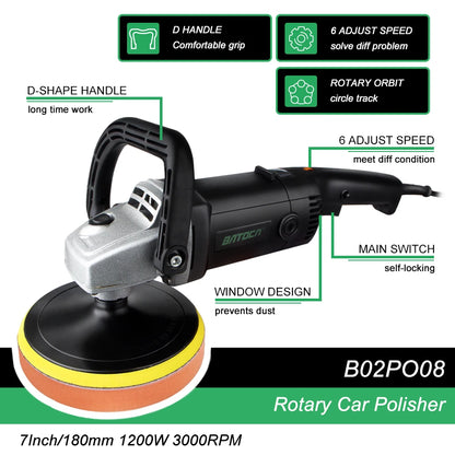 BATOCA 1200W Rotary Car Polisher 7Inch RO Electric Car Polishing Machine Buffing Tools Buffer Waxer Adjustable Speed Sander