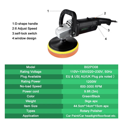 BATOCA 1200W Rotary Car Polisher 7Inch RO Electric Car Polishing Machine Buffing Tools Buffer Waxer Adjustable Speed Sander